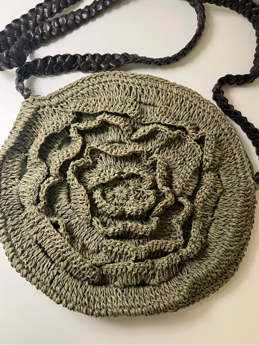 Olive Raffia Circular Crossbody Bag